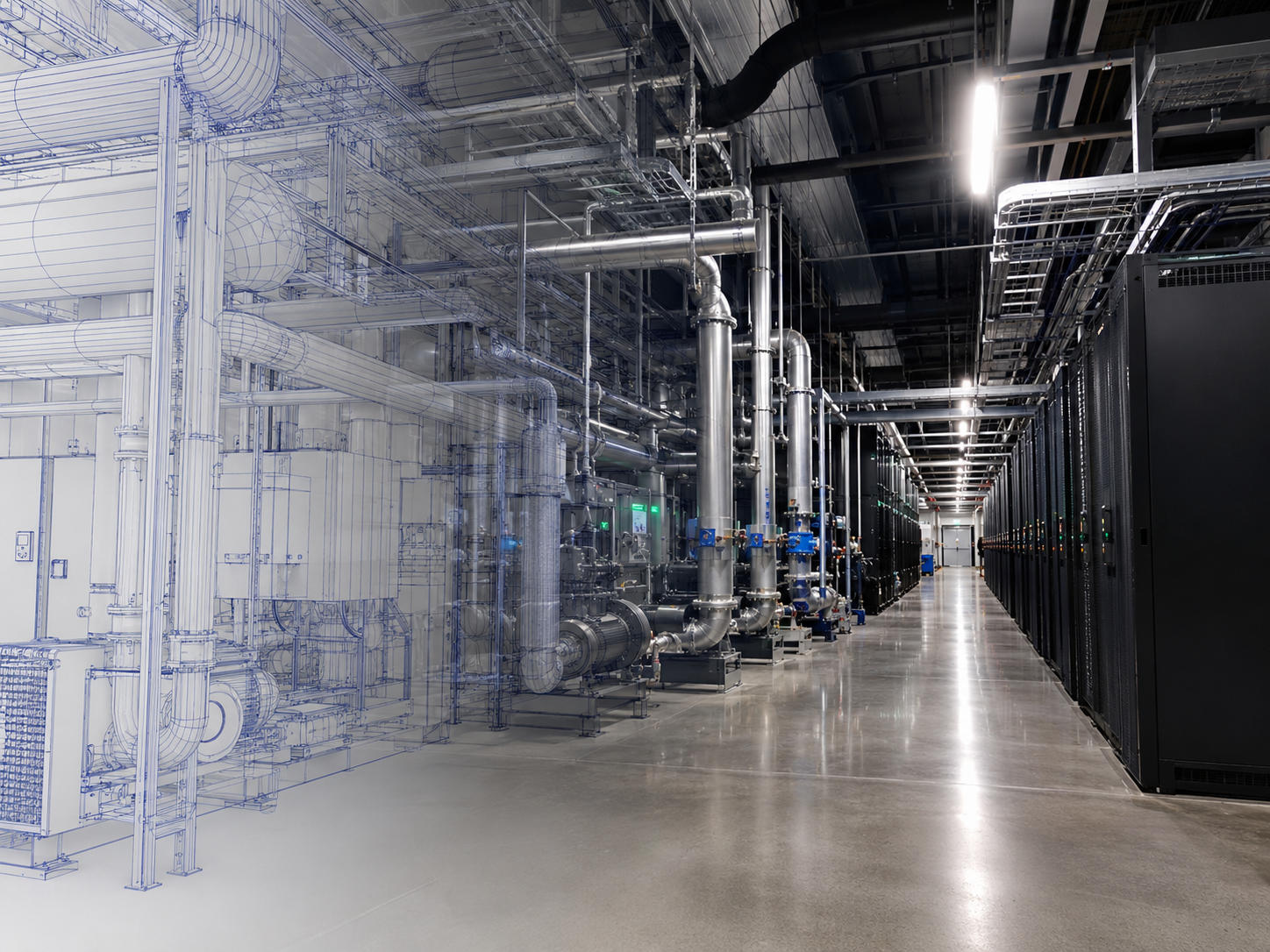Data hall services corridor with pipework and cabinet rows, transitioning into an engineering wireframe model